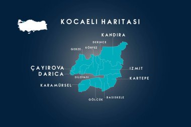 Kocaeli ilçeleri derince, korfez, gebze, dilovasi, cayirova, darica, kandira, karamursel, golcuk, basiskele, kartepe, izmit harita, Türkiye