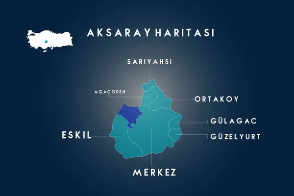 Aksaray Districts Sariyahsi Agacoren Ortakoy Gulahac Guzelyurt Eskil Map Turkey — Stock Vector