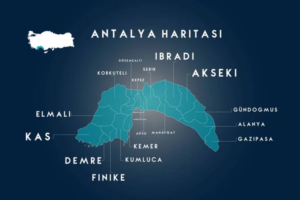 Antalya, Dosemealti, Korkuteli, Kepez, Serik, bradi, Akseki, Gundogmus, Alanya, Gazipasa, Konyalalti, Muratpasa, Aksu, Manavgat, Kemer, Kumluca, Finike, Kas, Elmali Haritası, Türkiye