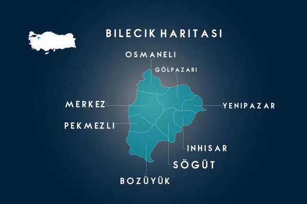 Bilecik Körzetek Osmaneli Pekmezli Bozuyuk Sogut Inhisar Yenipazar Golpazari Térkép — Stock Vector
