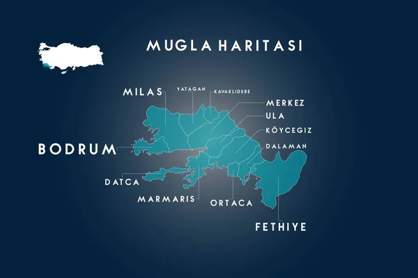 Mugla Districts Bodrum Dalaman Datca Fethiye Kavaklidere Koycegiz Marmaris Milas — Stock Vector