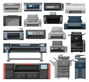 Yazıcı vektör karikatür kümesi simgesi. Beyaz arkaplanda vektör illüstrasyon tarayıcısı var. İzole çizgi film seti simge yazıcısı .