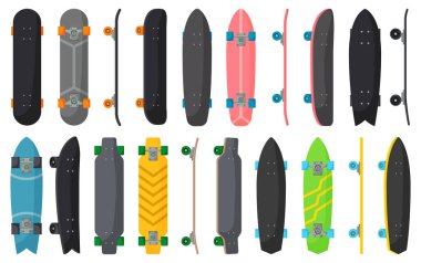 İzole edilmiş karikatür kümesi simgesi. Beyaz arkaplanda Vektör illüstrasyon kaykayı. Çizgi film vektör kümesi simgesi kaykayı.