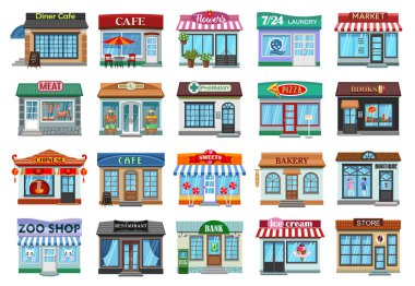 Ön cephe vektör karikatür kümesi simgesi. Beyaz arkaplanda vektör illüstrasyon mağazası önü. İzole çizgi film set simgesi cephe mağazası.