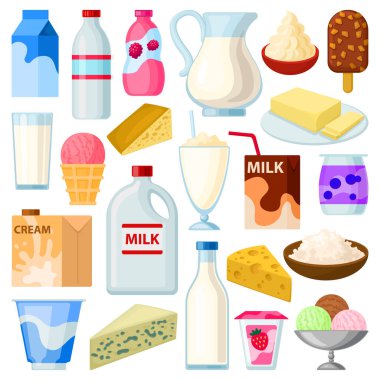 Süt ürünü vektör karikatür kümesi simgesi. Beyaz arka planda vektör illüstrasyon yiyeceği. İzole edilmiş çizgi film seti simge sütü ürünü.