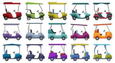 Golf arabası vektör karikatür kümesi simgesi. Beyaz arkaplanda vektör illüstrasyon otomatiği. İzole edilmiş çizgi film setinin ikon golf arabası.