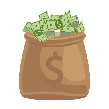 Poşet dolar karikatür vektör simgesi. Paket para simgesinin çizgi film vektör illüstrasyonu. Beyaz arkaplanda dolar destesi izole edilmiş ikon içeren çanta..