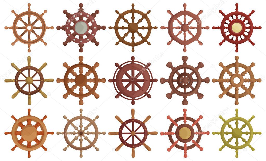Ship wheel cartoon vector set illustration of icon.Cartoon vector collection icon helm of sh p. Isolated illustration of set wheel boat on white background.