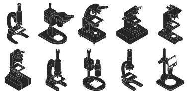 Mikroskop izometrik set simgesini izole etti. Beyaz arka planda vektör illüstrasyon laboratuvar ekipmanı. Vektör izometrik set simgesi mikroskobu.