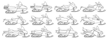 Kar mobil izole edilmiş Outline simgesi. Beyaz arkaplanda vektör illüstrasyon kar motosikleti. Taslak vektör simgesi kar aracı seti.