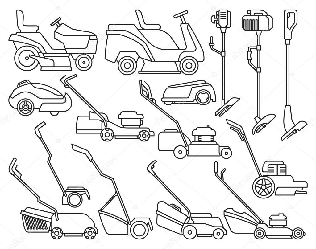 Lawn mower vector illustration on white background. Isolated outline set icon lawnmower. Vector outline set icon lawn mower.