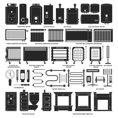 Elektrikli ısıtıcı vektör siyah set simgesi. Beyaz arkaplanda vektör illüstrasyon kazanı. İzole edilmiş siyah set simgesi elektrikli ısıtıcı .