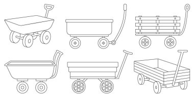 Beyaz arka planda bahçe vagonu çizimi. Çiftlik el arabası simgesi ayarlandı. Vektör illüstrasyon, bahçe vagonunun simge ekipmanlarını ayarladı.