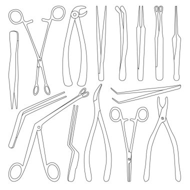 Tıbbi forseps izole edilmiş dış hat simgesi. Beyaz arka planda vektör illüstrasyon cerrahi aracı. Vektör ana hatları simge tıbbi forseps ayarlandı.