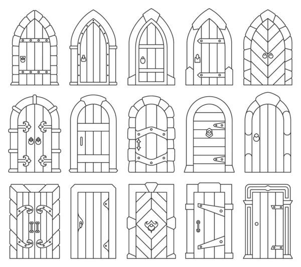 Ícone de conjunto de contorno vetorial de porta medieval. Vetor ilustração castelo portas no fundo branco. Isolado esboço conjunto ícone porta medieval. — Vetor de Stock