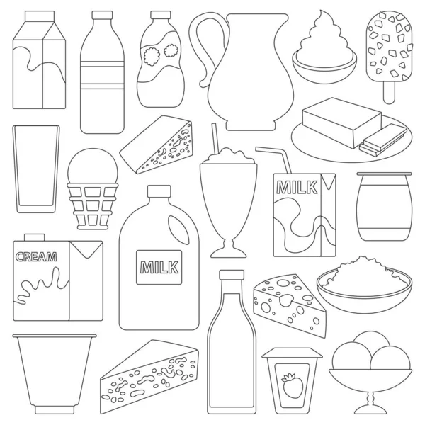 Leche producto vector esquema conjunto icono. Alimento de ilustración vectorial sobre fondo blanco. Conjunto de esquema aislado icono producto lácteo. — Vector de stock