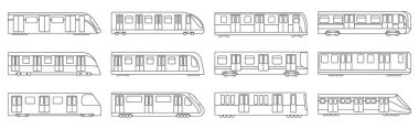 Metronun beyaz arkaplandaki vektör illüstrasyonu.Set ana hatları simge taşımacılığı.Vector illüstrasyon simgesi simge metro tren seti.