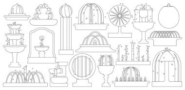İzole edilmiş taslak simgesini kaynağa yerleştir. Beyaz arkaplanda vektör illüstrasyon şelalesi. Vektör ana hatları simge çeşmesi.