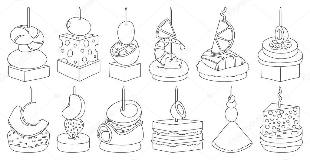 Canape and food outline vector set illustration of icons.Food and appetizer vector set of icons.Canape outline collection on white background.