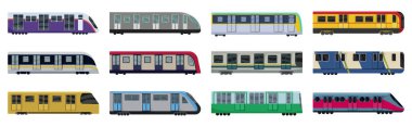 Metronun beyaz arkaplandaki vektör illüstrasyonu. Karikatür simgesi ulaşım metrosu. Vektör illüstrasyonu simge metro tren seti..