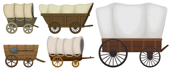 Ensemble de dessin animé vectoriel de chariot ouest sauvage icon.Vector illustration set à l'ouest de vieux chariot sur fond blanc .Isolated icône de dessin animé sauvage wagon ouest. — Image vectorielle