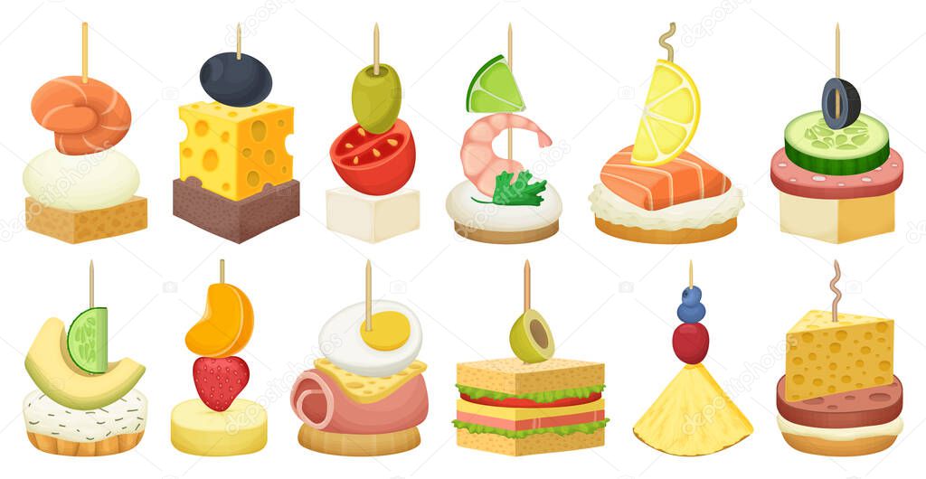 Canape and food cartoon vector set illustration of icons.Food and appetizer vector set of icons.Canape cartoon collection on white background.