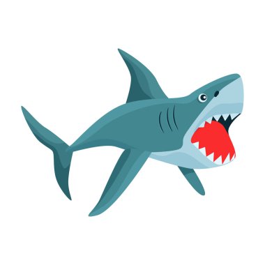Köpekbalığı karikatür vektör simgesi. Karikatür vektör deniz balığı çizimi. Beyaz arkaplanda köpek balığı simgesinin izole bir çizimi.