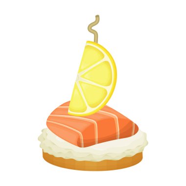 Kanepe ve yemek karikatürü vektör ikonu. Çizgi film vektör illüstrasyon yiyeceği ve aperatif. Beyaz arkaplanda kanape ve aperatif simgesinin izole edilmiş çizimi.