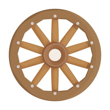 Tahta tekerlek karikatür vektör ikonu. Çizgi film vektör çizim vagonu. Beyaz arkaplandaki ahşap tekerlek simgesinin izole bir çizimi.