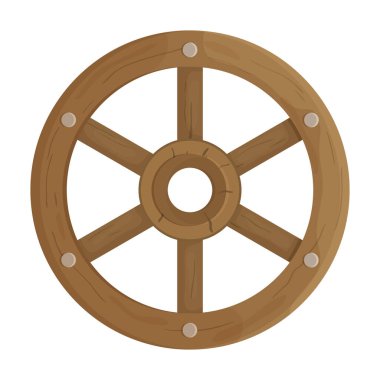 Tahta tekerlek karikatür vektör ikonu. Çizgi film vektör çizim vagonu. Beyaz arkaplandaki ahşap tekerlek simgesinin izole bir çizimi.