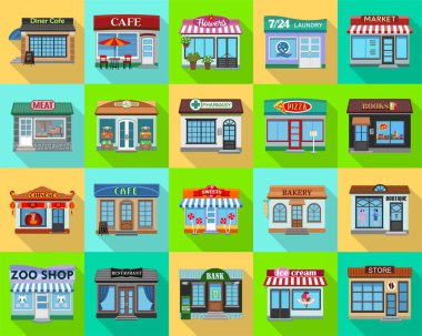 Ön cephe vektör düz küme simgesi. Beyaz arkaplanda vektör illüstrasyon mağazası önü. İzole edilmiş düz set simgesi cephe mağazası.