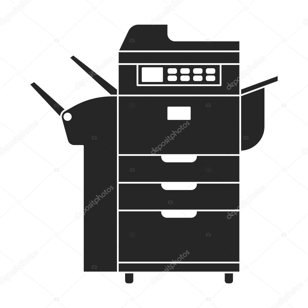 Printer office vector black icon. Vector illustration printer on white background. Isolated black illustration logo of office machine.