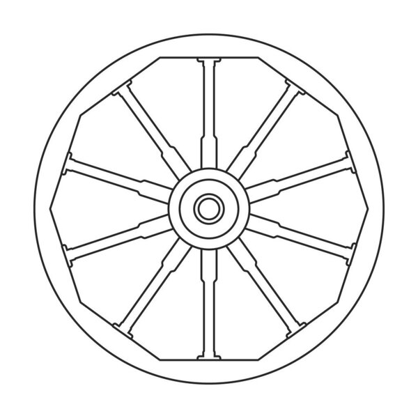 Значок контура вектора колеса. Векторная иллюстрация деревянного колеса на белом фоне. Изолированный контур иконки деревянного колеса тележки.