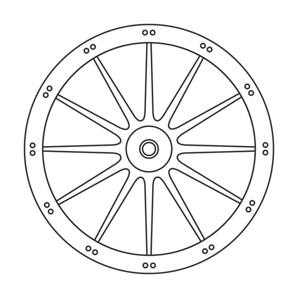 Значок контура вектора колеса. Векторная иллюстрация деревянного колеса на белом фоне. Изолированный контур иконки деревянного колеса тележки.