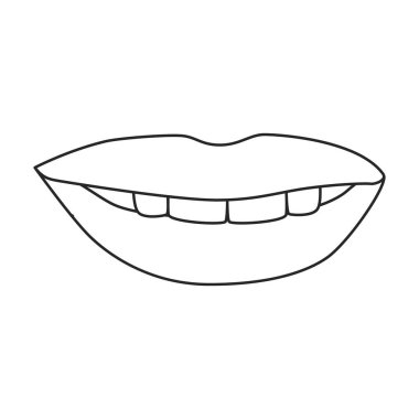 Dişi dudak vektör ana hatları simgesi. Beyaz arka planda vektör illüstrasyon ağzı. Kadın dudağının izole edilmiş taslak çizim simgesi .