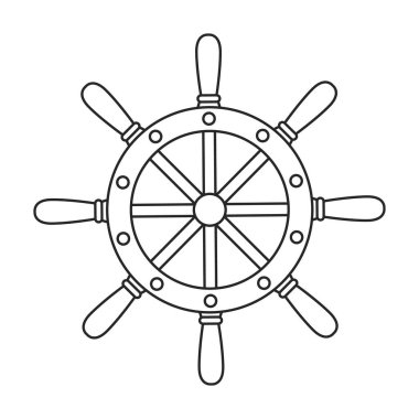 Geminin tekerlek vektör ana hatları simgesi. Beyaz arka planda vektör illüstrasyon dümeni. Gemi tekerleğinin izole edilmiş taslak çizim simgesi .