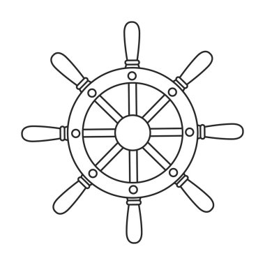 Geminin tekerlek vektör ana hatları simgesi. Beyaz arka planda vektör illüstrasyon dümeni. Gemi tekerleğinin izole edilmiş taslak çizim simgesi .