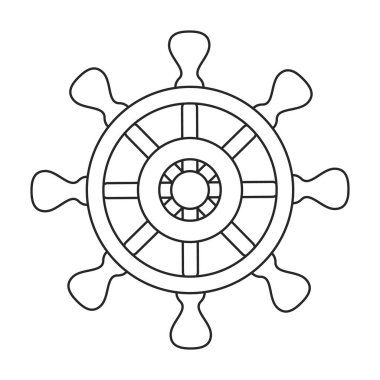 Geminin tekerlek vektör ana hatları simgesi. Beyaz arka planda vektör illüstrasyon dümeni. Gemi tekerleğinin izole edilmiş taslak çizim simgesi .