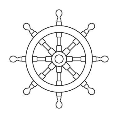 Geminin tekerlek vektör ana hatları simgesi. Beyaz arka planda vektör illüstrasyon dümeni. Gemi tekerleğinin izole edilmiş taslak çizim simgesi .