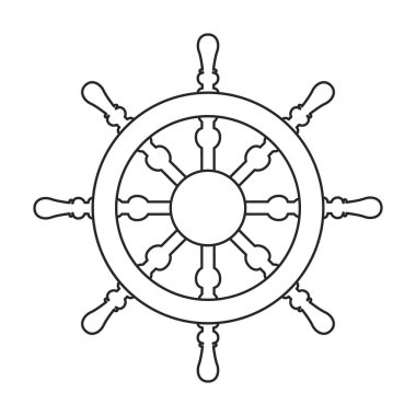 Geminin tekerlek vektör ana hatları simgesi. Beyaz arka planda vektör illüstrasyon dümeni. Gemi tekerleğinin izole edilmiş taslak çizim simgesi .