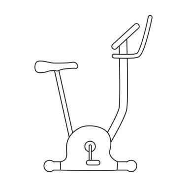 Bisiklet egzersizi vektör ana hatları simgesi. Beyaz arka planda vektör illüstrasyon velosimulatörü. Fitness bisikletinin izole edilmiş taslak çizim çizimi simgesi.