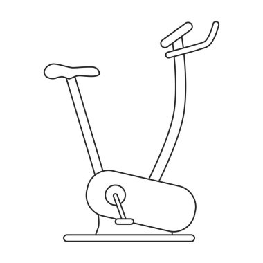 Bisiklet egzersizi vektör ana hatları simgesi. Beyaz arka planda vektör illüstrasyon velosimulatörü. Fitness bisikletinin izole edilmiş taslak çizim çizimi simgesi.
