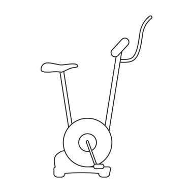 Bisiklet egzersizi vektör ana hatları simgesi. Beyaz arka planda vektör illüstrasyon velosimulatörü. Fitness bisikletinin izole edilmiş taslak çizim çizimi simgesi.