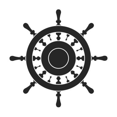 Gemi tekeri simgenin siyah vektörü. Geminin siyah vektör ikon dümeni. Tekerlekli teknenin beyaz arkaplandaki izole çizimi.