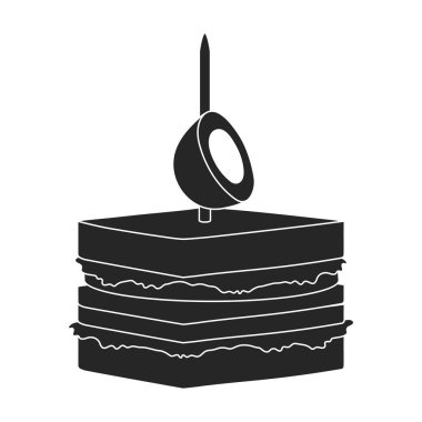 Kanepe ve yiyecek siyah vektör ikonu. Siyah vektör illüstrasyon yiyecek ve aperatif. Beyaz arkaplanda kanape ve aperatif simgesinin izole edilmiş çizimi.