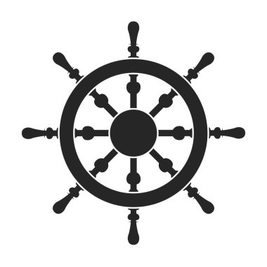 Gemi tekeri simgenin siyah vektörü. Geminin siyah vektör ikon dümeni. Tekerlekli teknenin beyaz arkaplandaki izole çizimi.