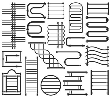Havlu kurutucu vektör siyah set simgesi. Beyaz arka planda vektör illüstrasyon banyo radyatörü. İzole edilmiş siyah set ikon havlu kurutma makinesi.