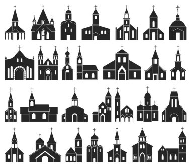 Kilise vektör siyah set simgesi. Beyaz arka planda vektör illüstrasyon din binası. İzole edilmiş siyah set simgesi kilisesi.