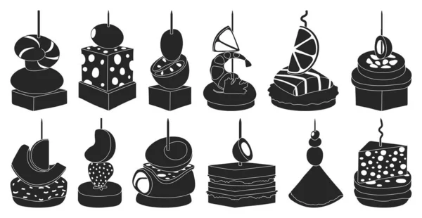 Canapé y alimentos vector negro conjunto ilustración de icon.Food y aperitivo vector conjunto de icon.Canape colección negra sobre fondo blanco. — Vector de stock