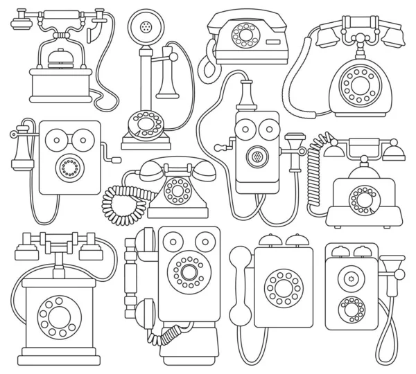Retro telefon vektör ana hatları simgesi ayarlandı. Beyaz arka planda vektör illüstrasyon klasik telefon. İzole edilmiş dış hat simge ayarlı retro telefon.
